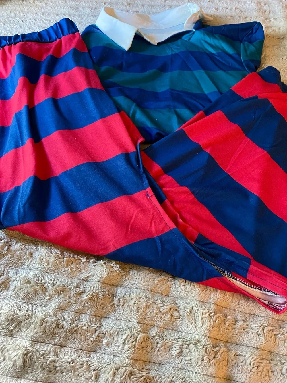 NWOT, Striped Polo Shirt White Asymmetrical Collar Blue/Teal and Red/Blue Skirt